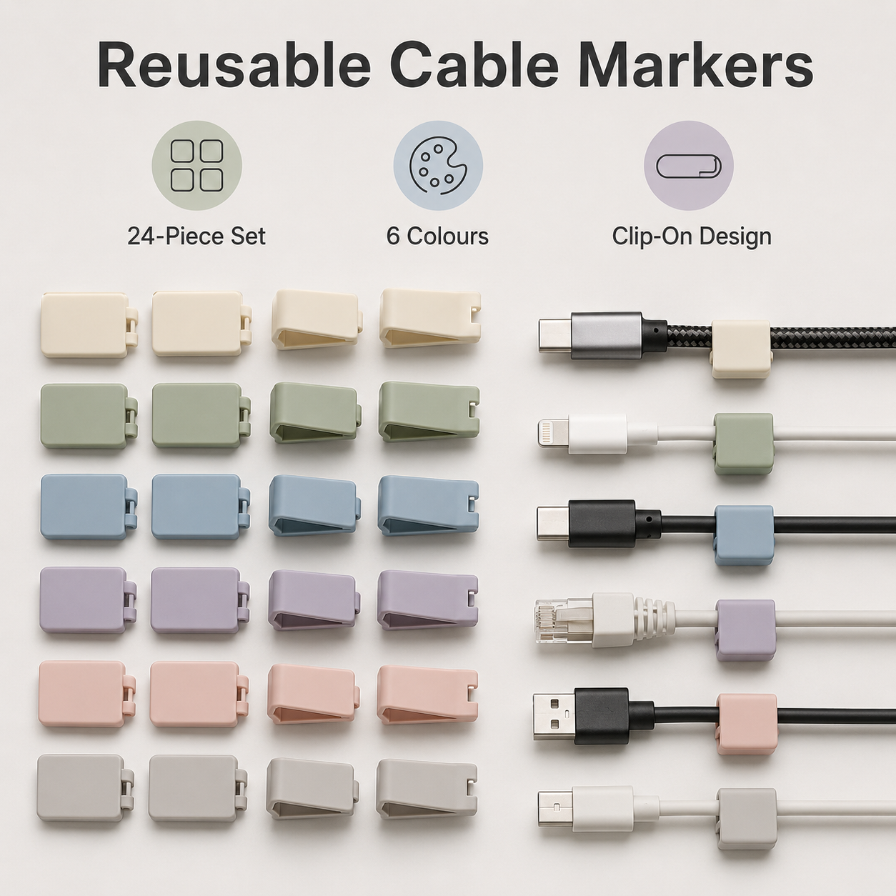 Reusable Clip-On Cable Identification Labels - 24 Pack