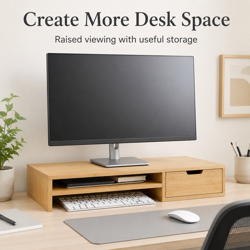 Bamboo Monitor Riser with Shelf and Storage Drawer