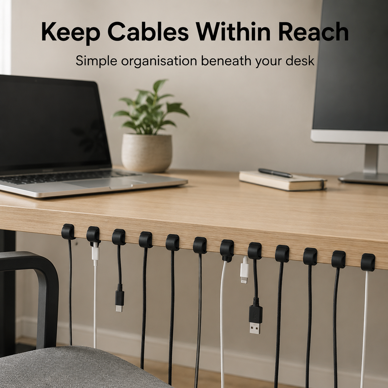 Under-Desk Silicone Cable Management Clips - 12 Pack
