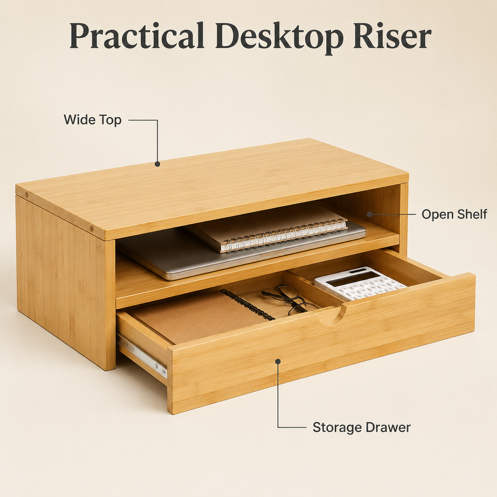 Bamboo Monitor Riser with Shelf and Storage Drawer