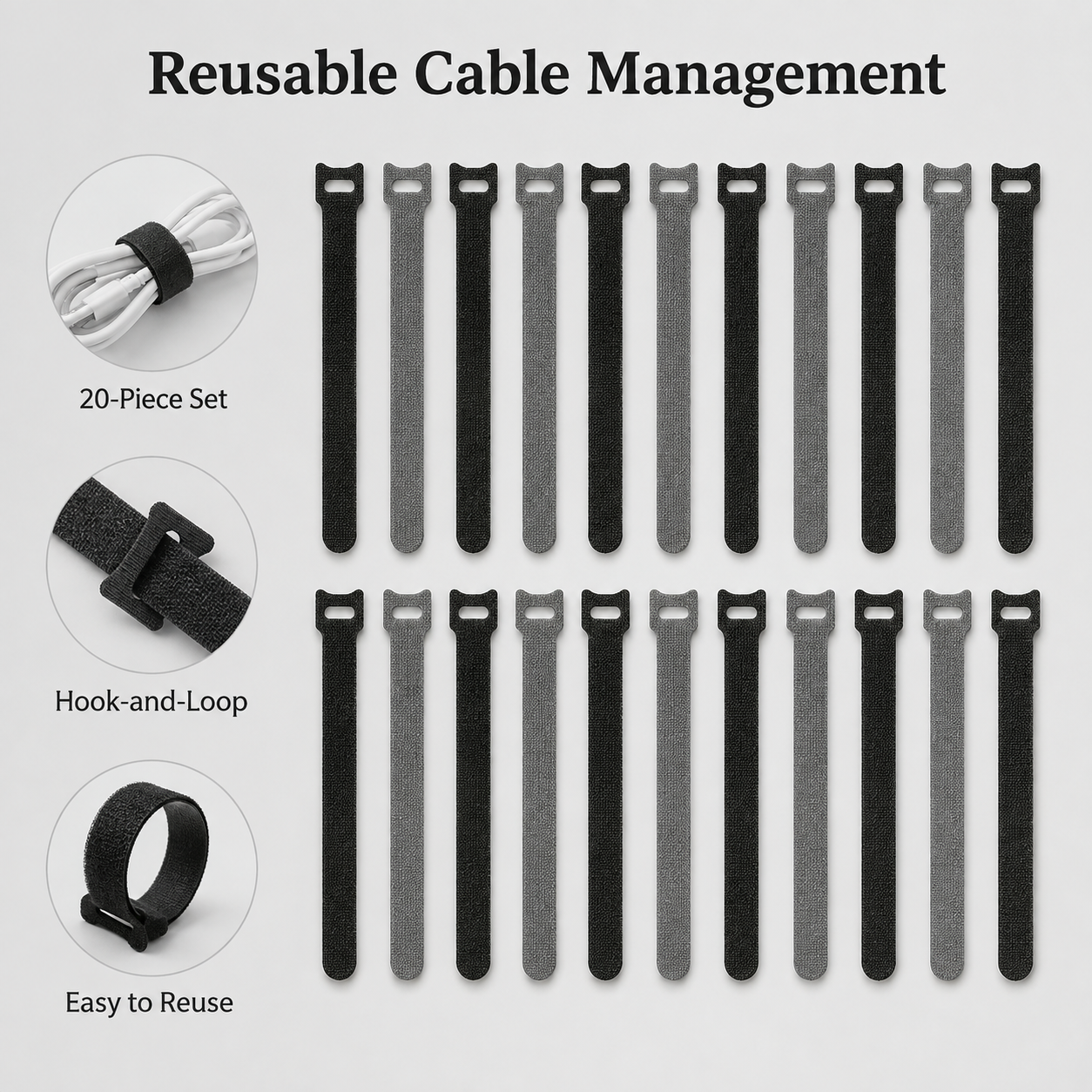 Reusable Hook-and-Loop Cable Tie Set - 20 Pack