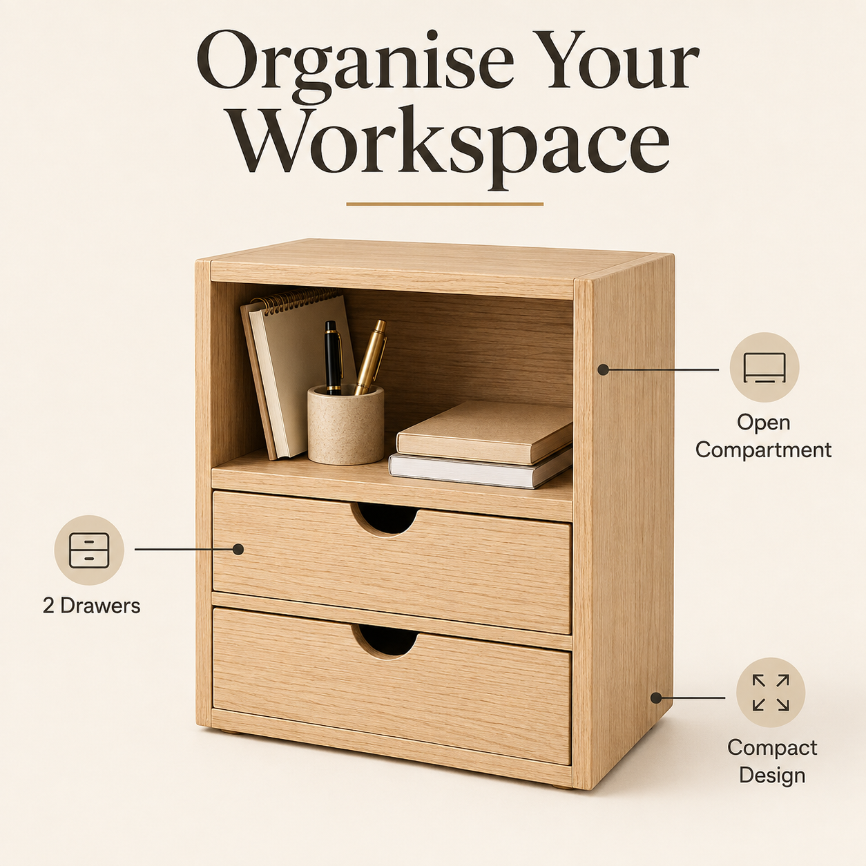 Wooden Desktop Storage Box with Two Drawers