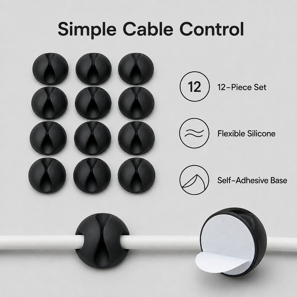 Under-Desk Silicone Cable Management Clips - 12 Pack