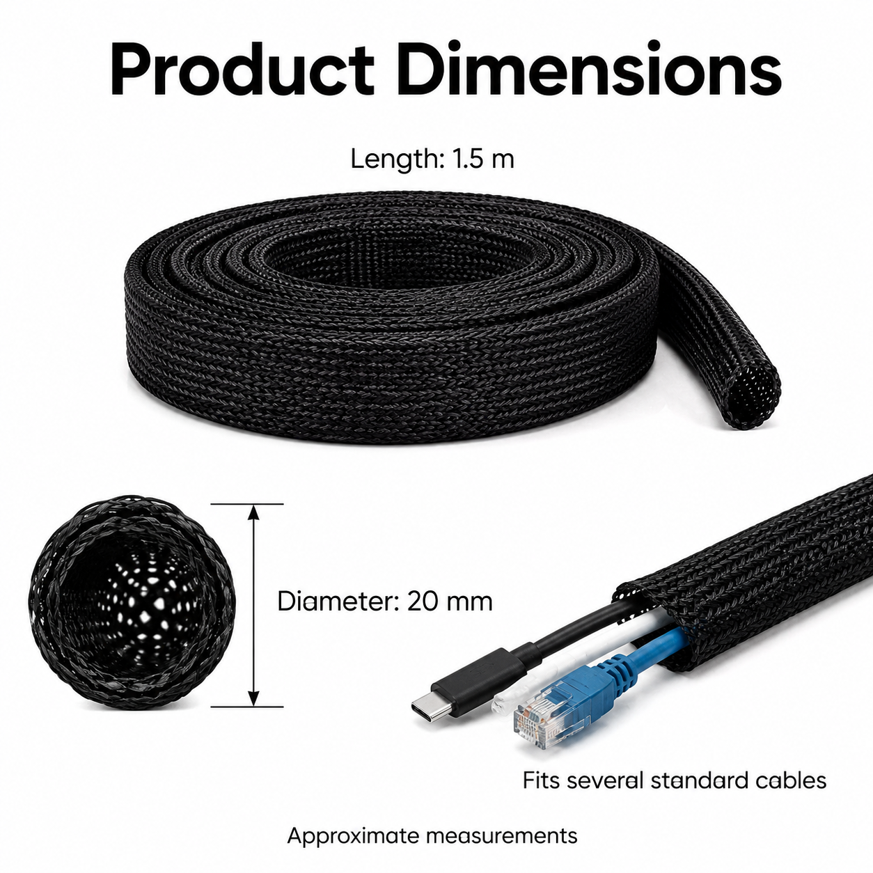 Expandable Braided Cable Management Sleeve - 1.5 m